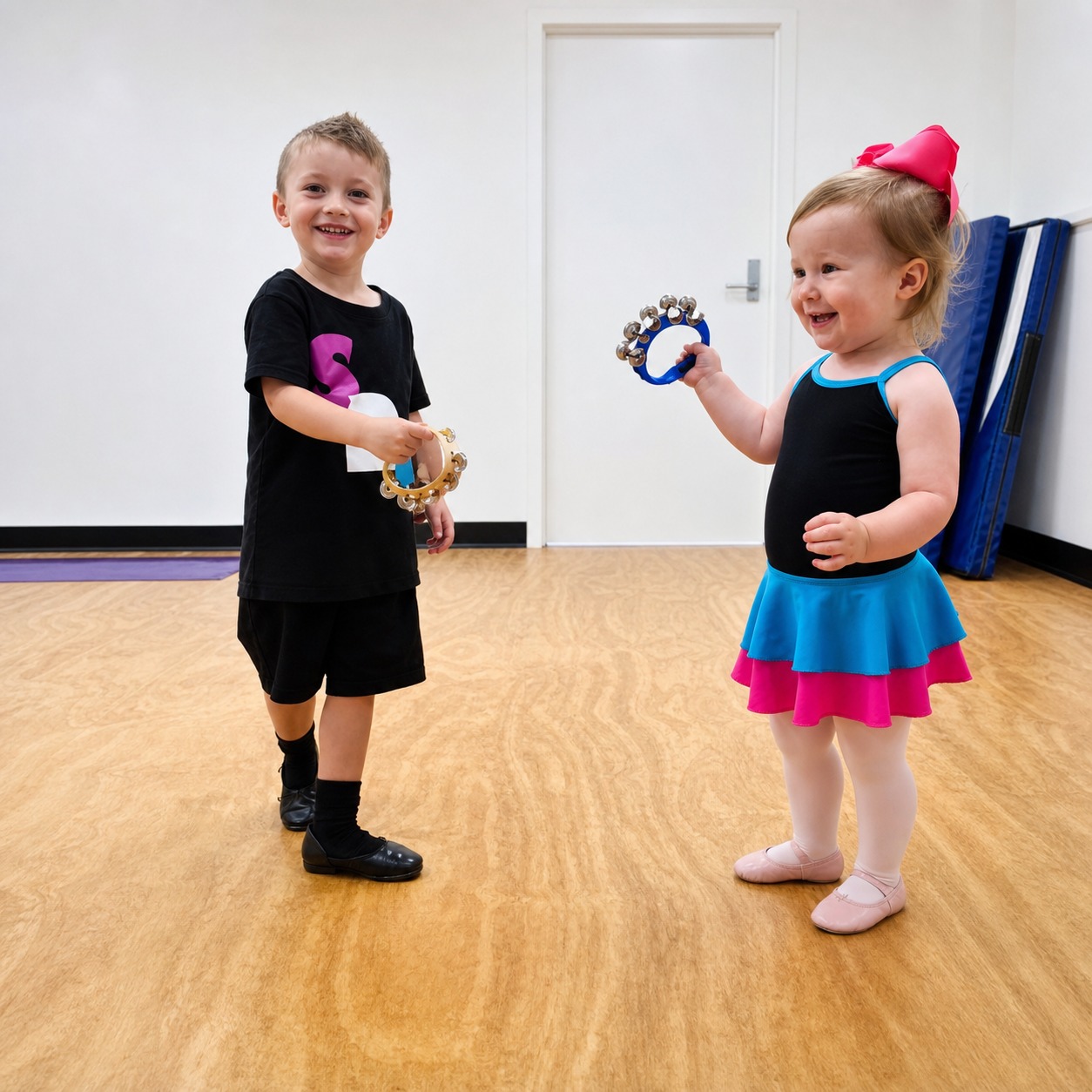 Two young Leap Tumble Dance students smiling with tambourines in the studio.